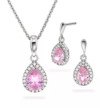 Pan Jewelry, Smykkesett i 925 sølv med rosa glass sten og zirkonia
