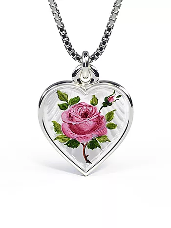 Pia&Per, Smykke i 925 sølv i hjerte med malt rose i emaljen - Medium