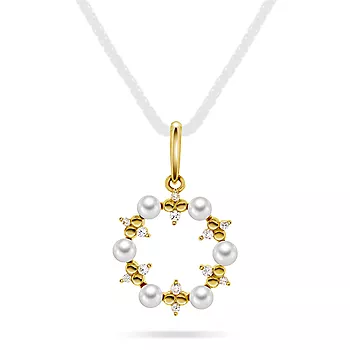 Pan Jewelry, Anheng i 585 gult gull med ferskvannsperler og zirkonia med sirkel