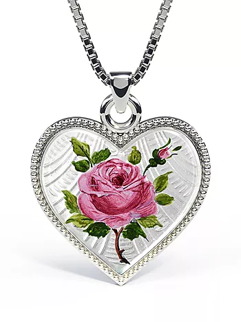 Pia&Per, Smykke i 925 sølv i hjerte med malt rose i emaljen - Stor