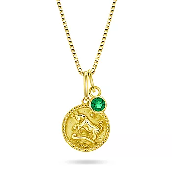 Prins & Prinsesse, Smykke til barn i 585 gult gull med horoskop Tyren og grønn zirkonia