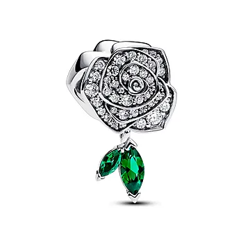 Pandora Moments, Charm i 925 sølv med rose og grønne blader