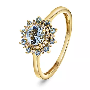 Pan Jewelry, Ring i 585 gult gull med diamanter 0,07 ct og akvamarin stener