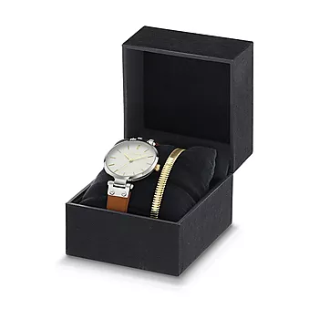 Dilligaf, gavesett med klokke med brun skinnreim og sølvfarget kasse med gull detaljer.