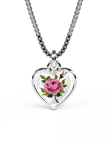 Pia&Per, Smykke i 925 sølv hjerte med malt rose i emaljen - Liten