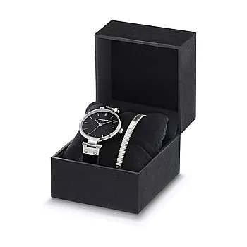 Dilligaf, gavesett med klokke med sort skinnrem og sølvfargetkasse med sort skive