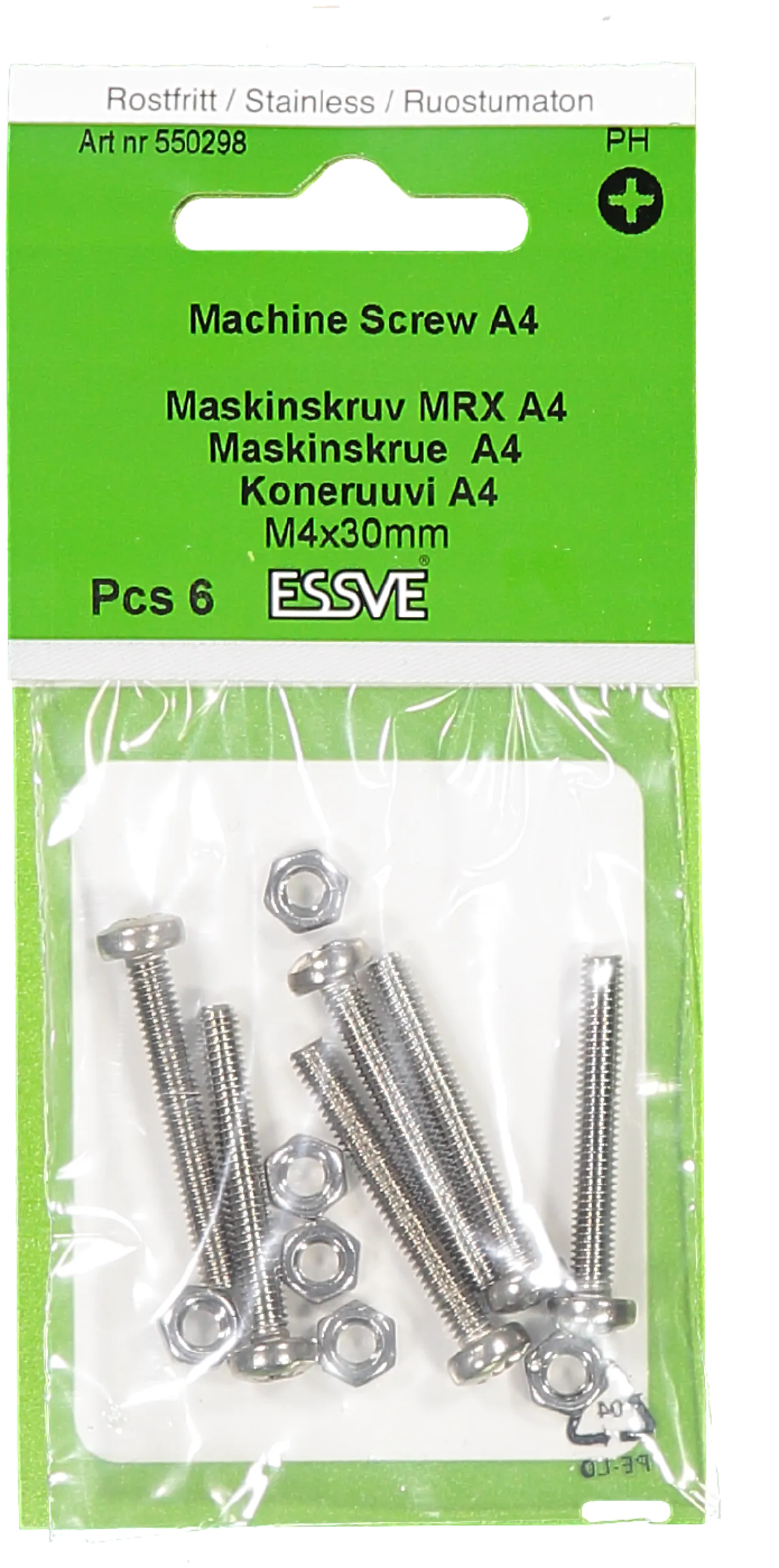 Maskinskrue m/mut ph m4x30 a4-6 med mutter og panhode a4 syrefast