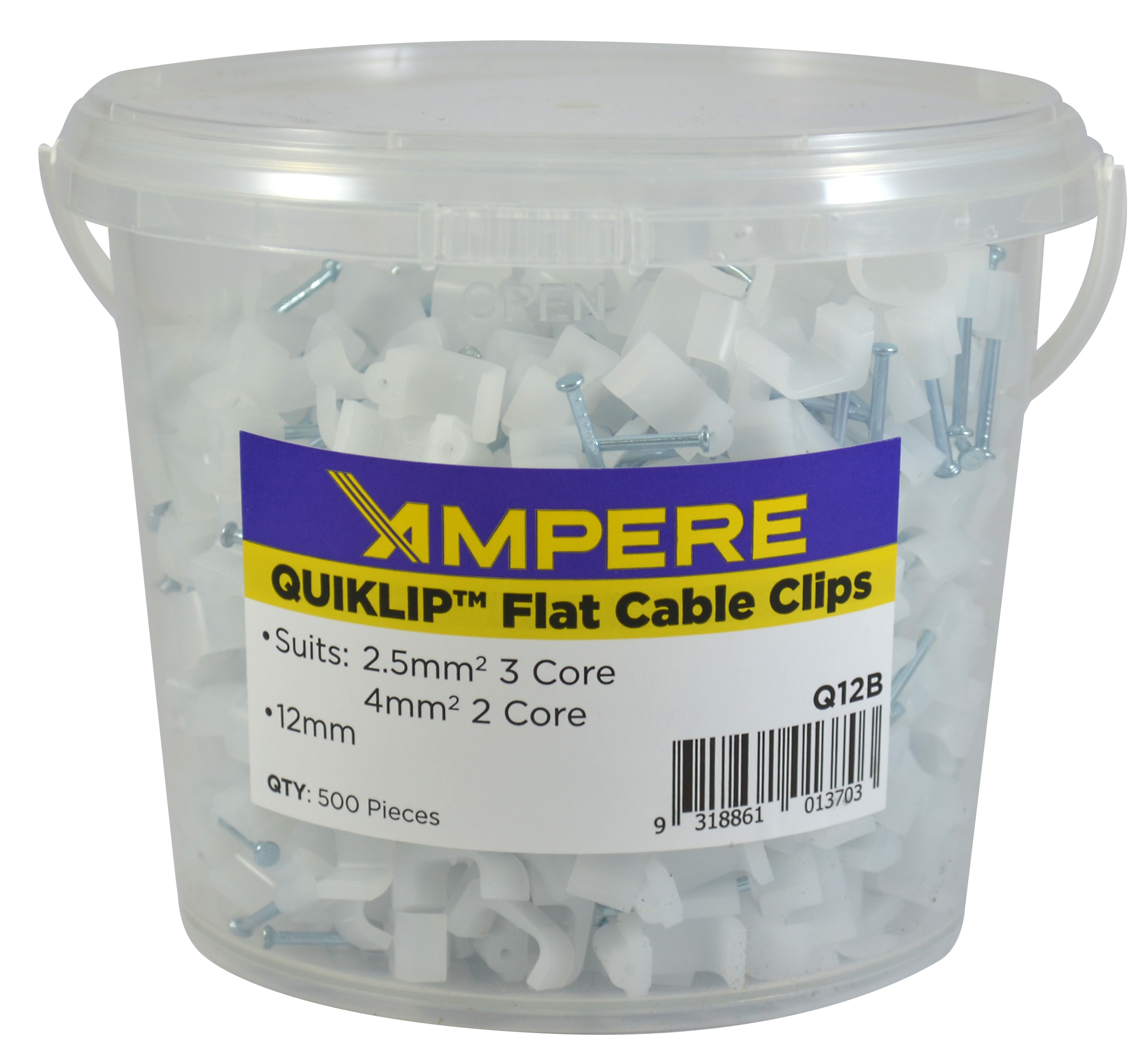 Ampere Cable Clips Flat 12mm Quiklip Bucket 500 | OMEGA Power