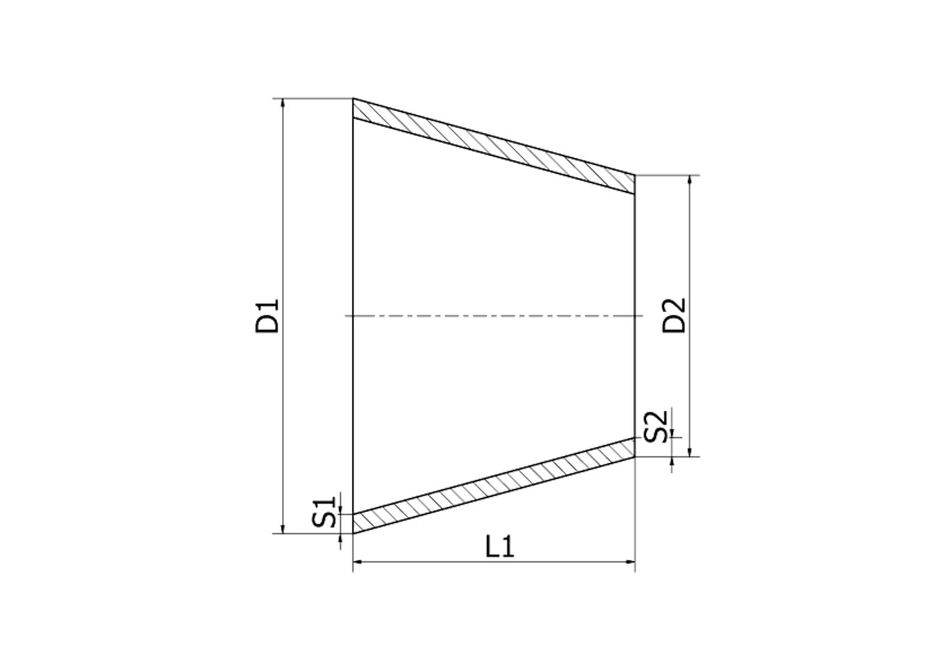 Overgang konsentrisk 316L/1.4404, 38x25x1.2x1.2 L1=39 SMS 2