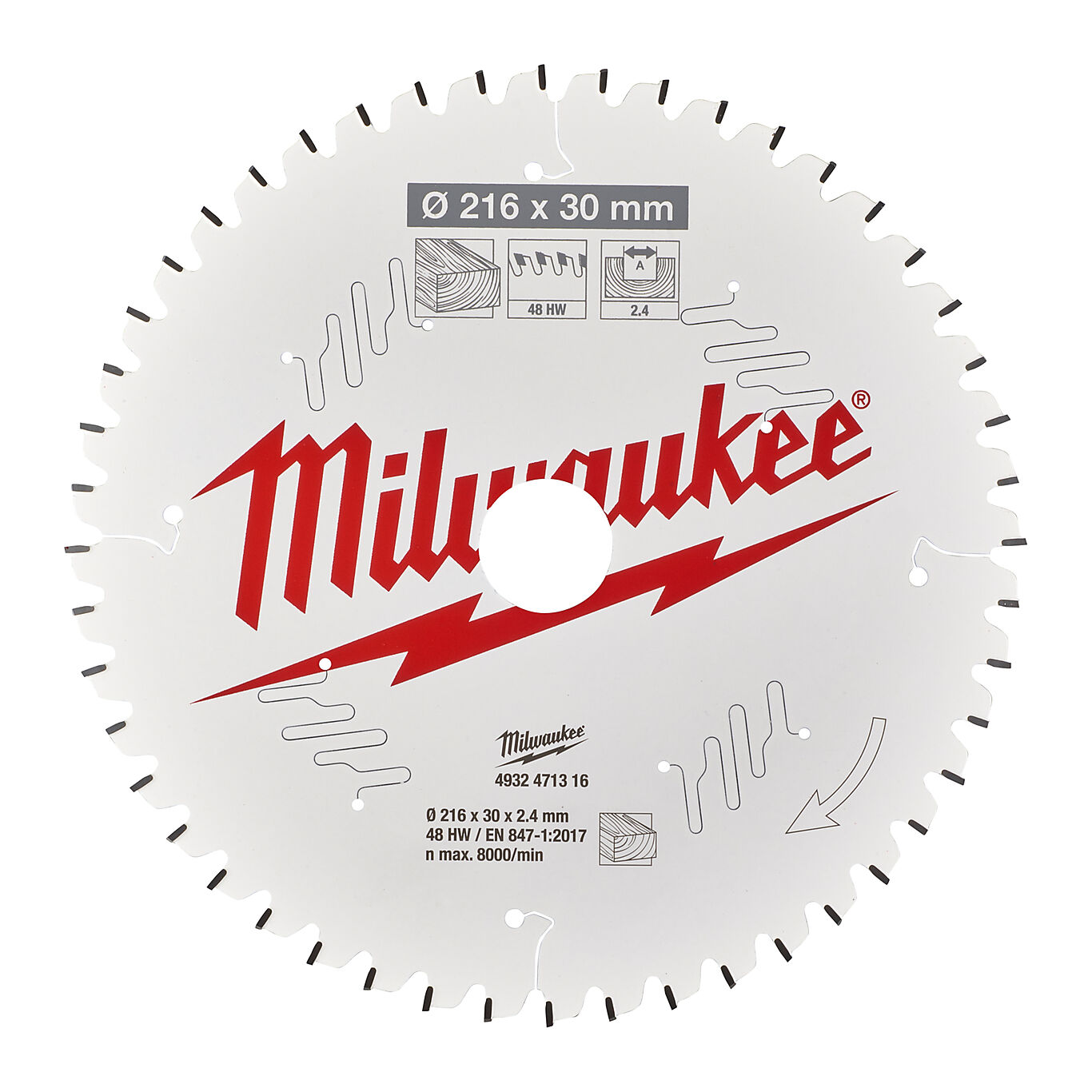 Milwaukee Milwaukee CARBIDE Gjærsagblad TREVERK SENTER30 48T Ø216x2,4 1P 1