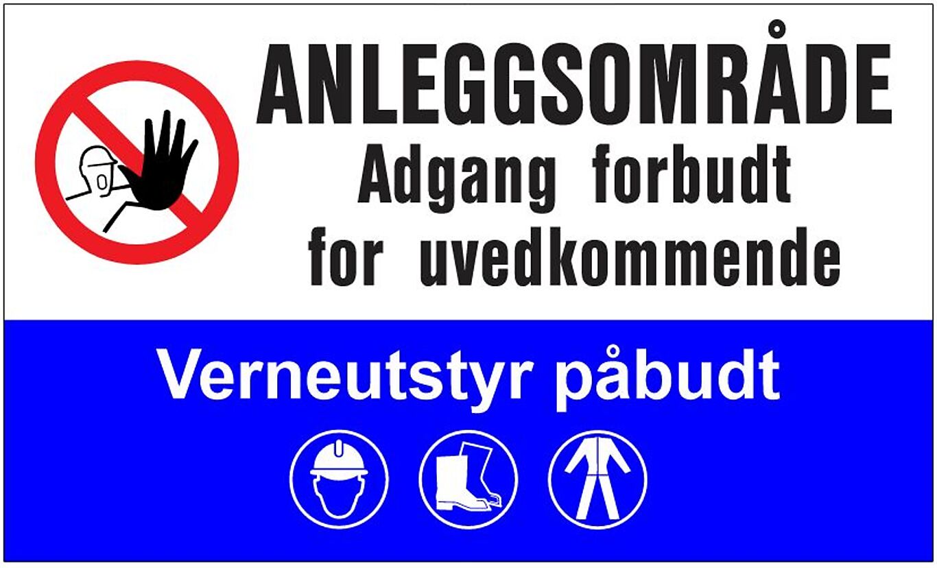 Skilt "Anleggsområde Adgang forbudt for uvedkommende Verneutstyr påbudt" dekorfolie, 1000x600 mm