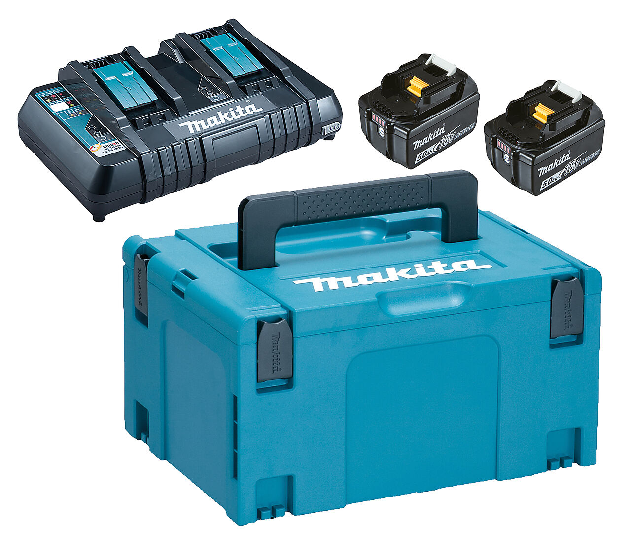 Makita Makita batteripakke 2 x 5.0 AH/DBL lader DC18RD og Makpac 1