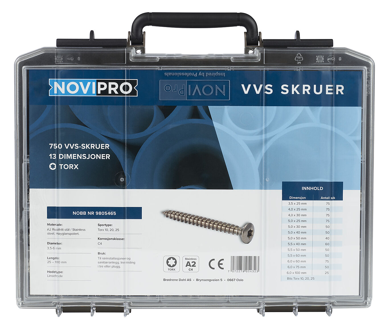 Novipro Skruekoffert VVS skrue A2 Torx 750 stk skruer 3