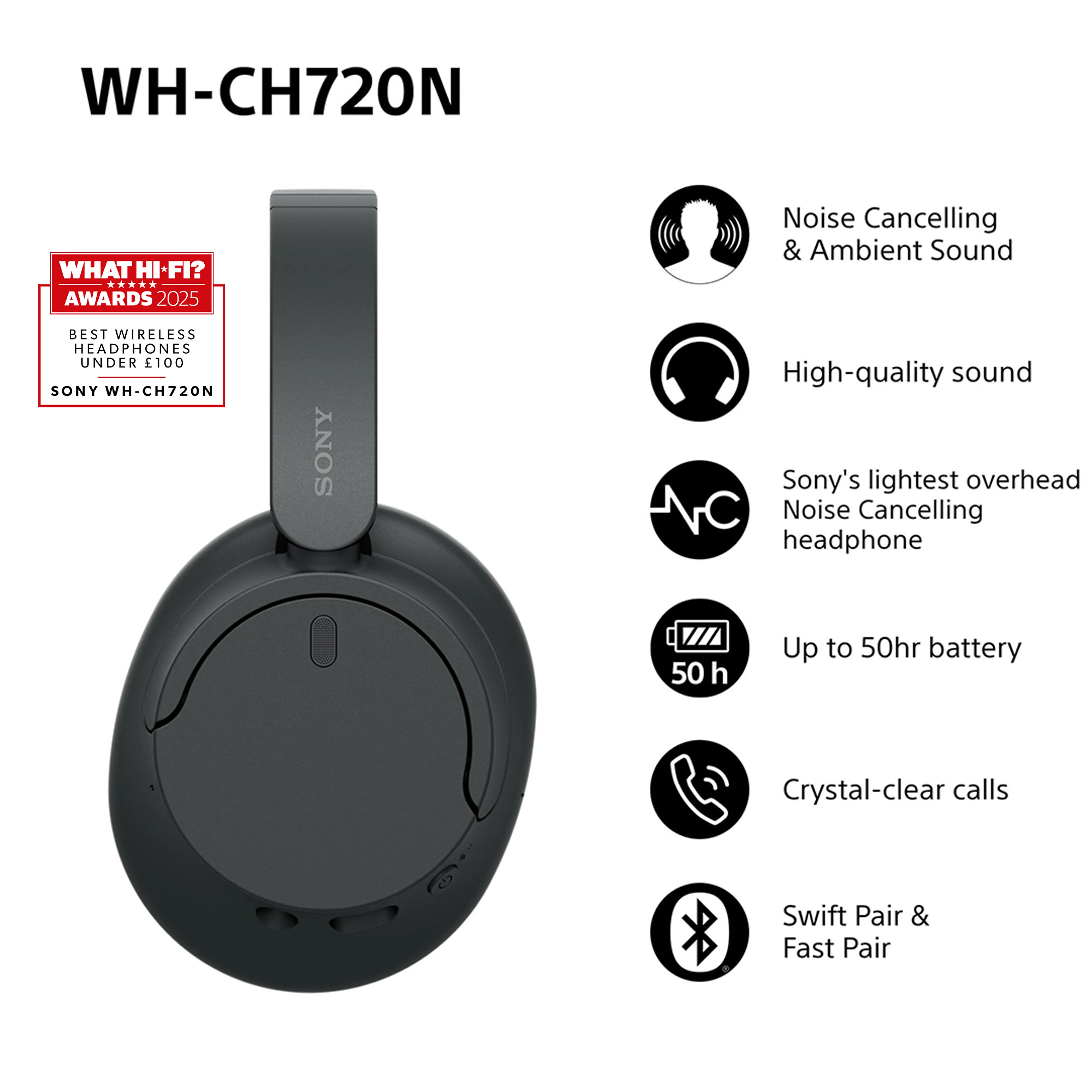 Sony Wireless Noise Cancelling Headphones WH-CH720N - Bluetooth 5.2 - USB - noir