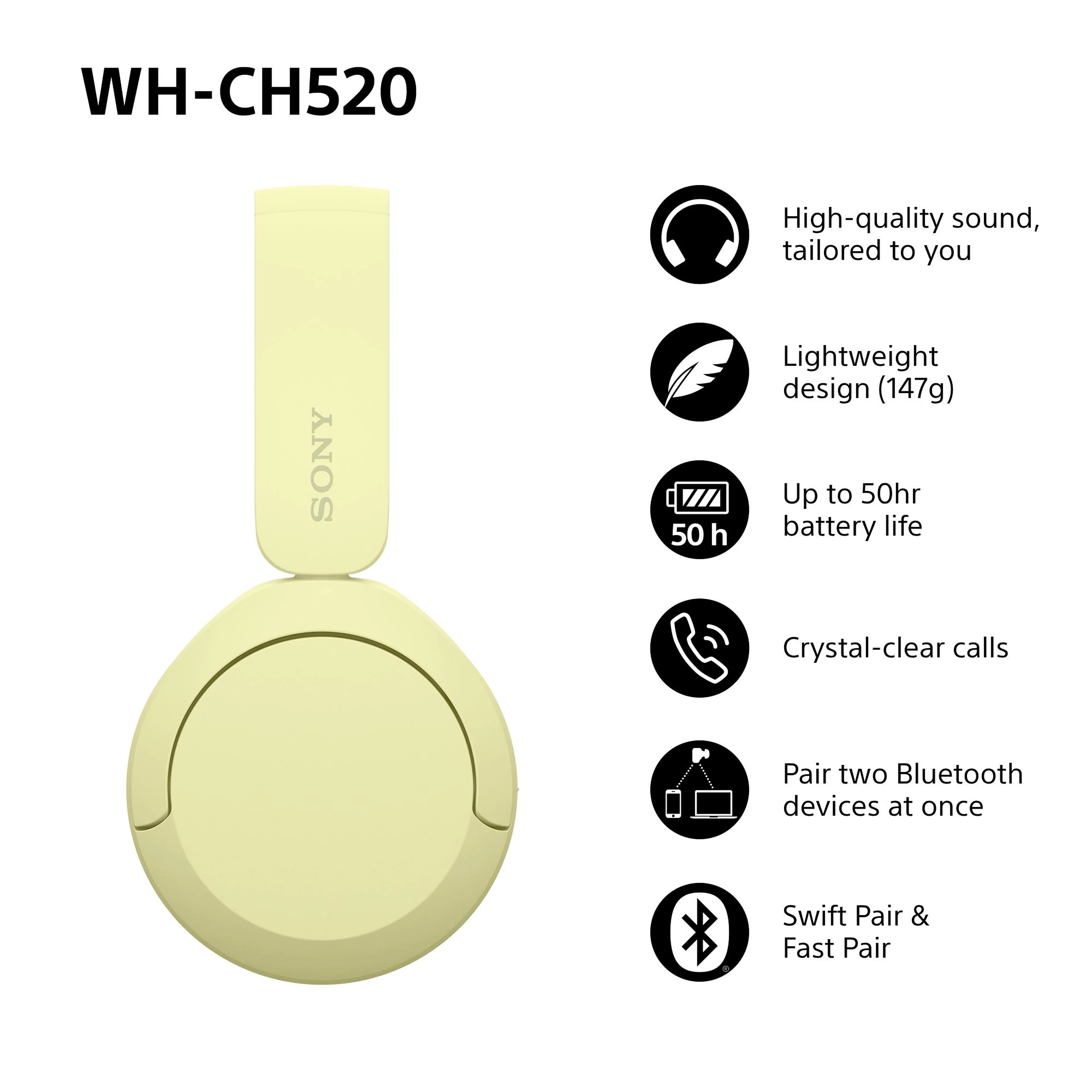 Sony wireless headphones WH-CH520 - bluetooth - microphone - yellow