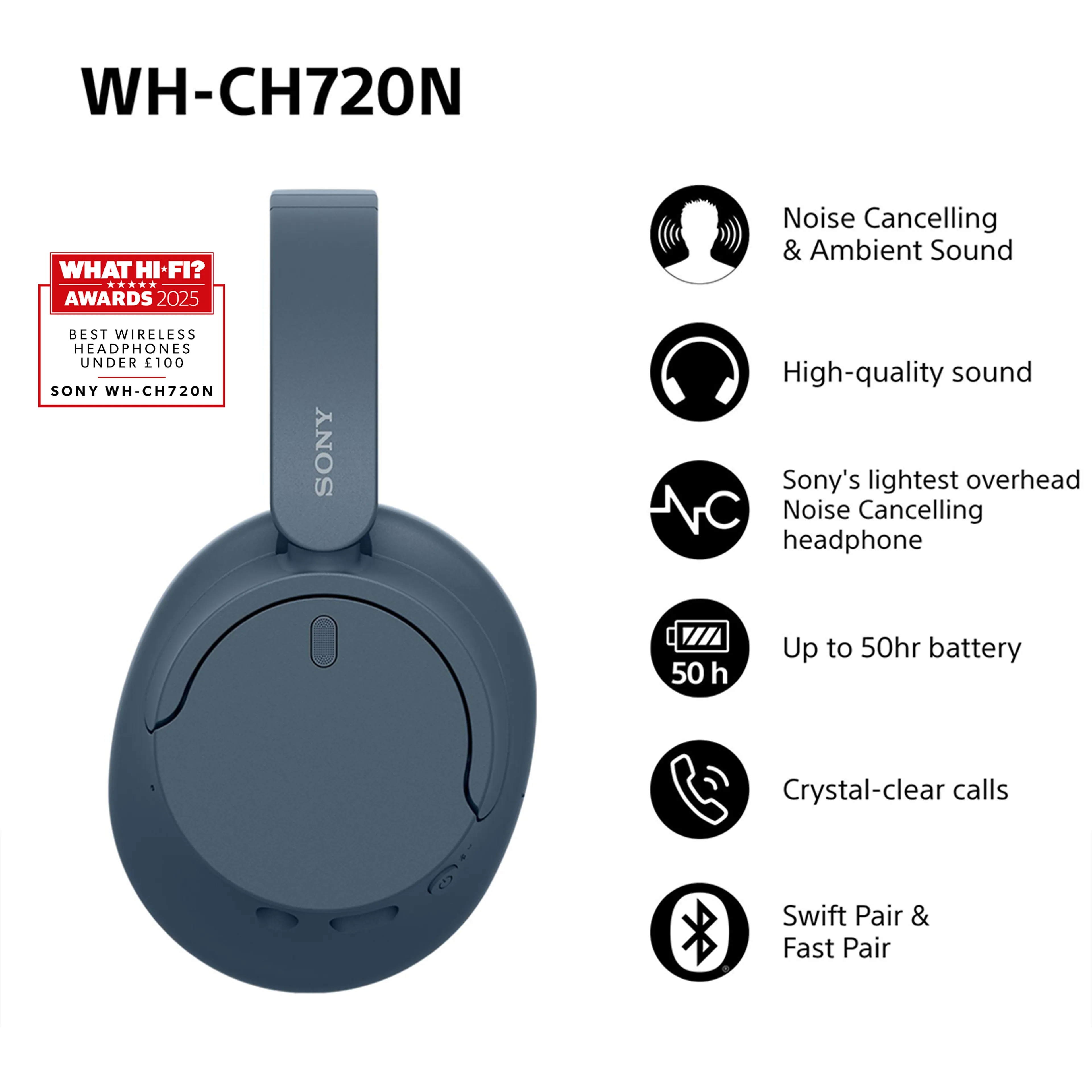 Sony draadloze over-ear koptelefoon WH-CH720N - bluetooth 5.2 - noise cancelling - 192 g