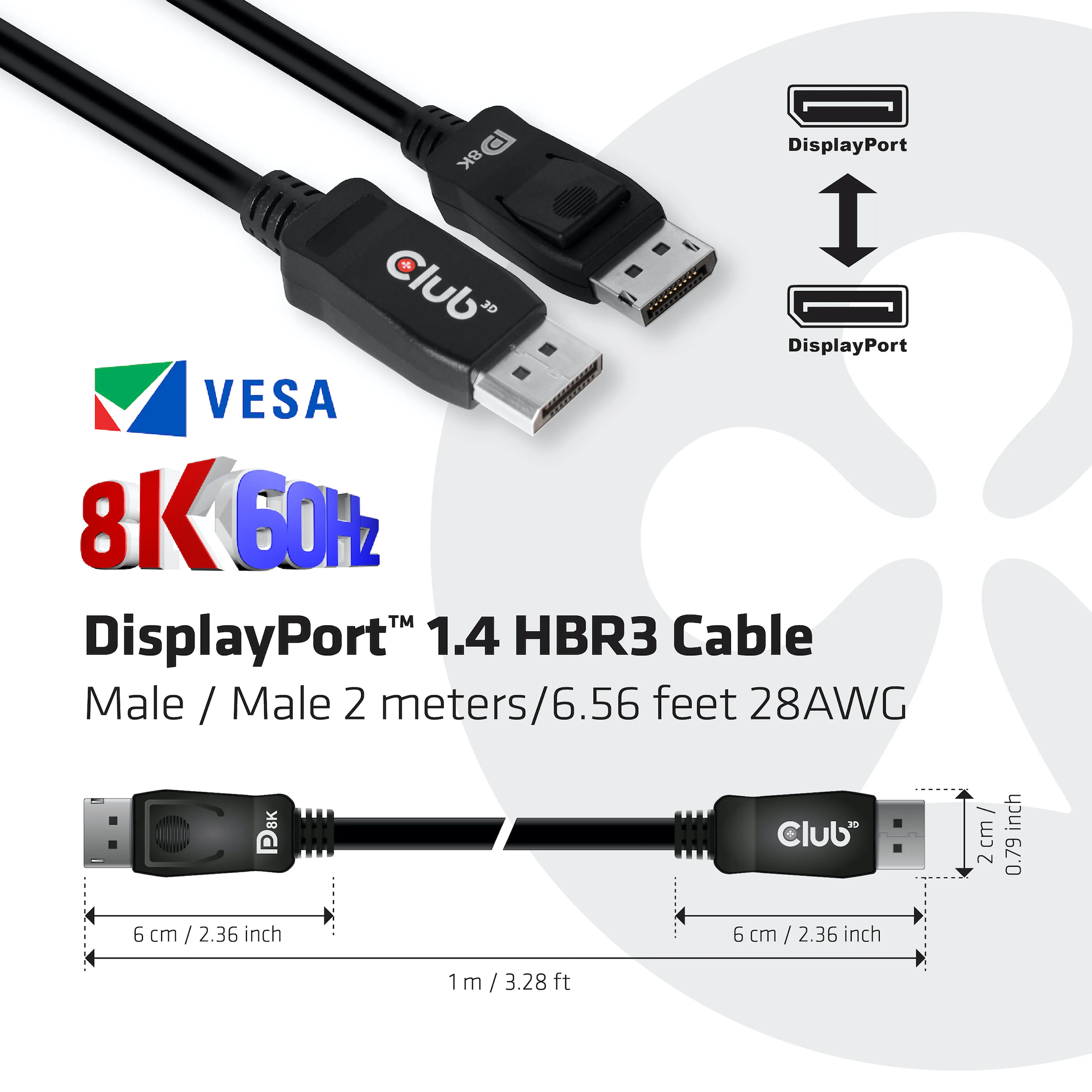 Club 3D DisplayPort 1.4 HBR3 Cable 2m - Mâle/Mâle - 8K60Hz