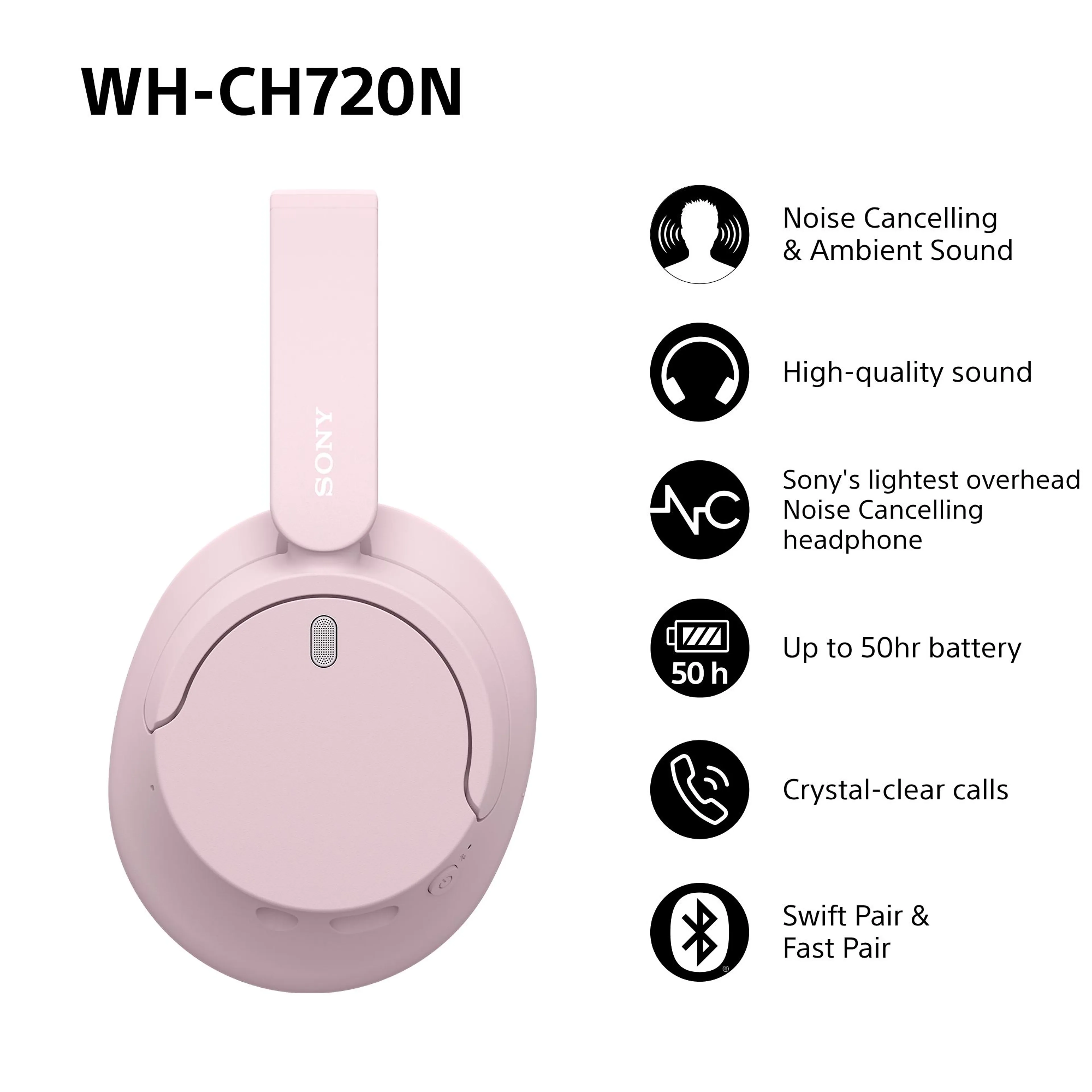Sony draadloze over-ear koptelefoon WH-CH720N - Bluetooth 5.2 - noise cancelling - roze