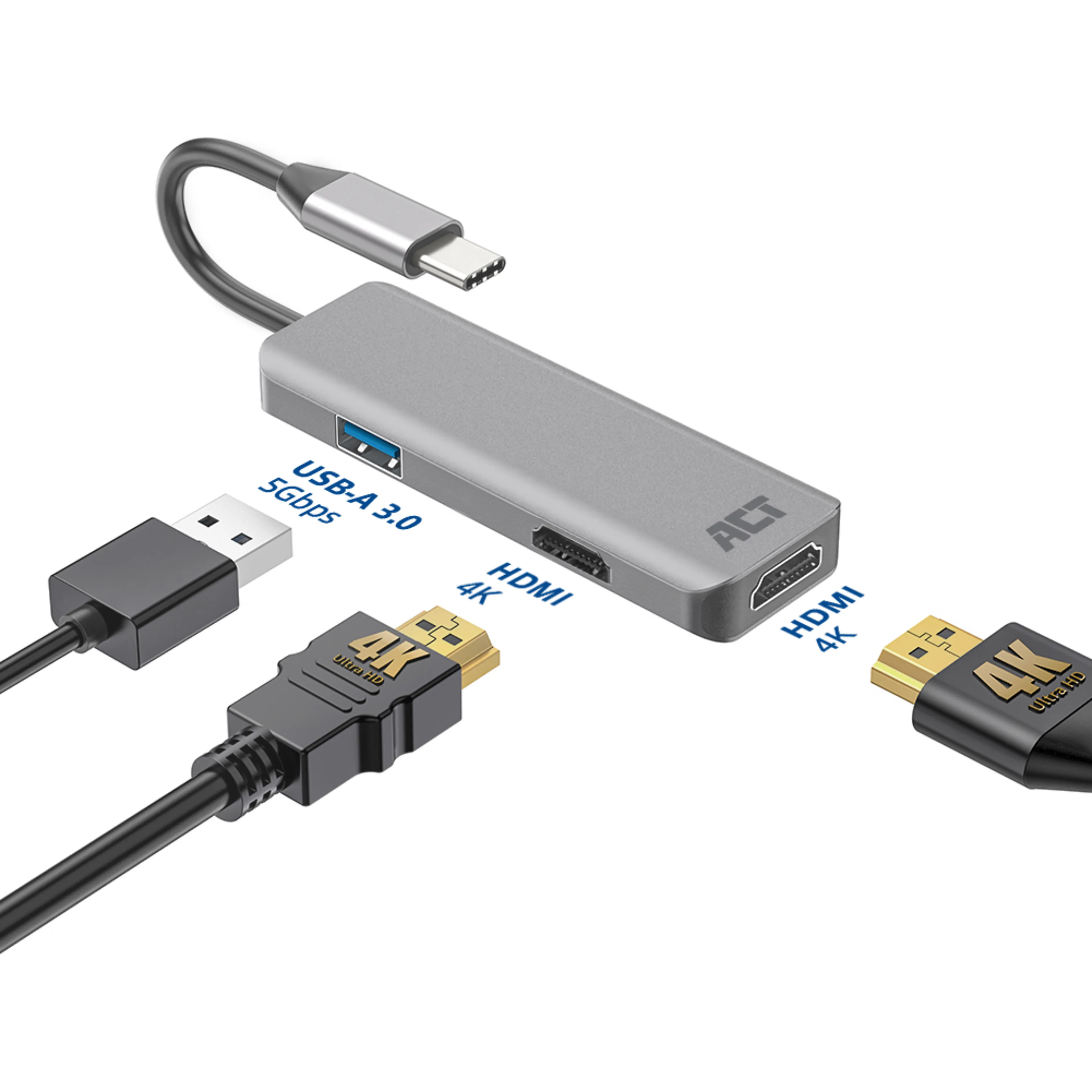 ACT USB-C 4K multiport adapter - 2 hdmi monitoren - usb-a datapoort