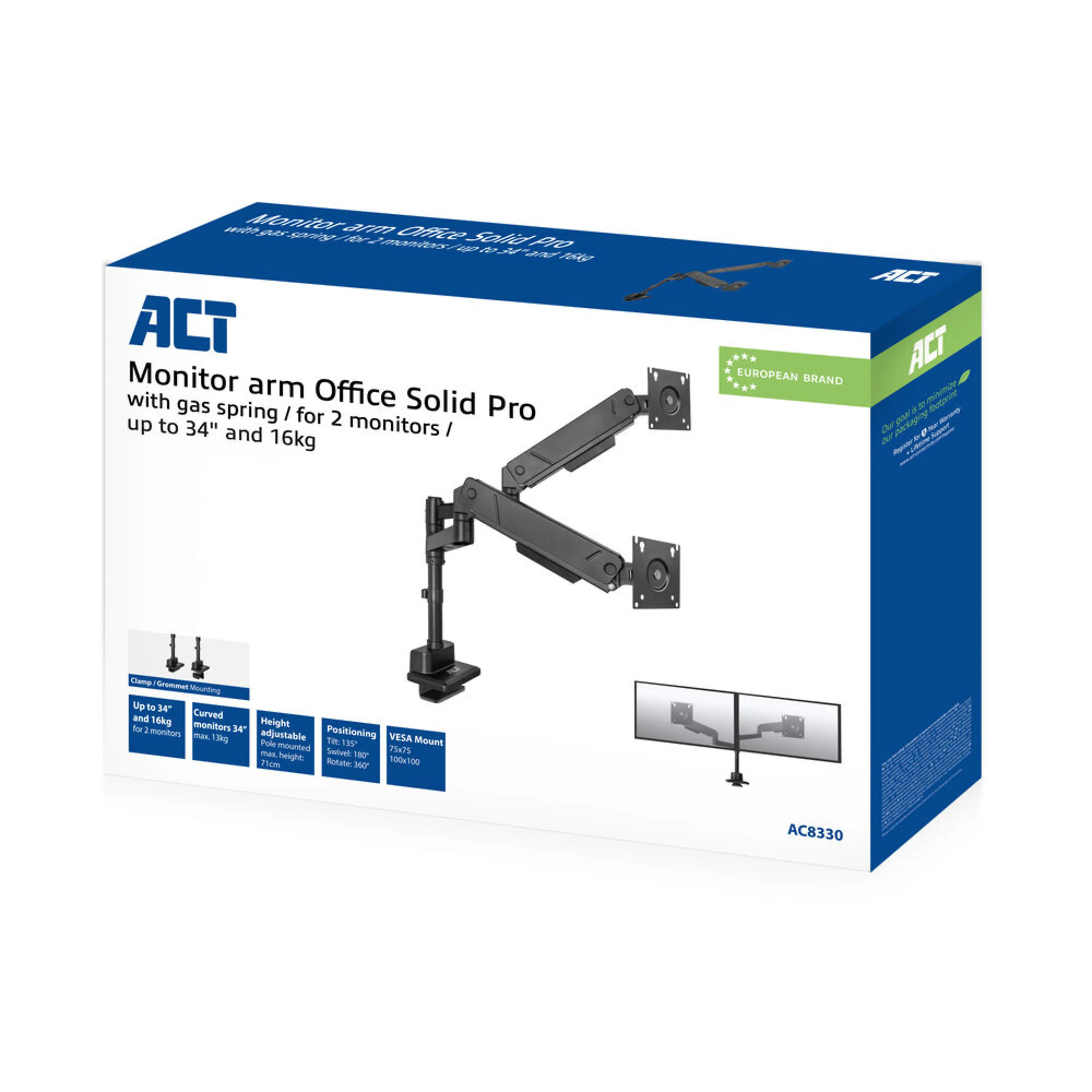 ACT Monitorarm 34i office solid pro - gasveer - paalbevestiging - 2 schermen