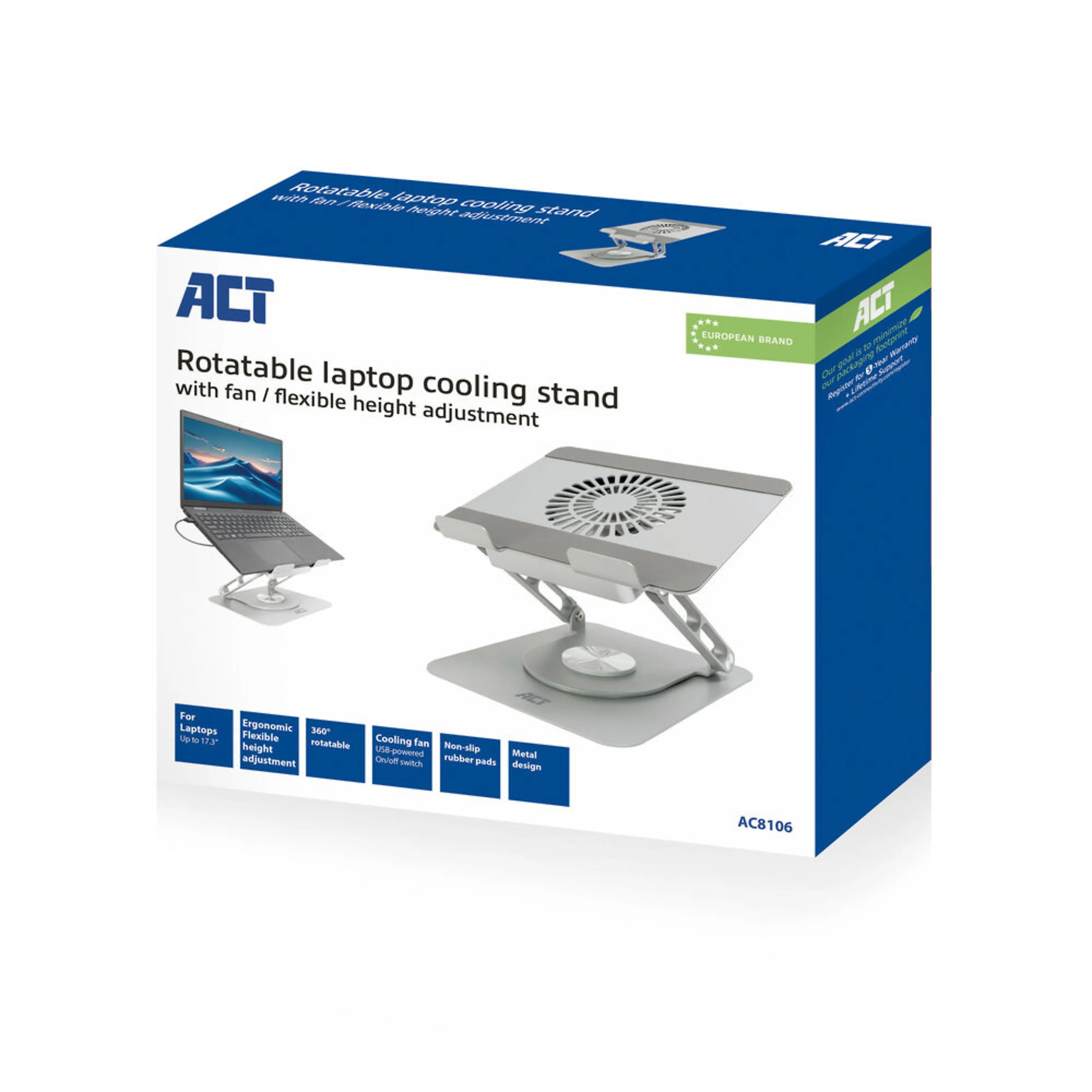 ACT support de refroidissement pivotant pour ordinateur portable - réglable en hauteur - ventilateur USB - antidérapant