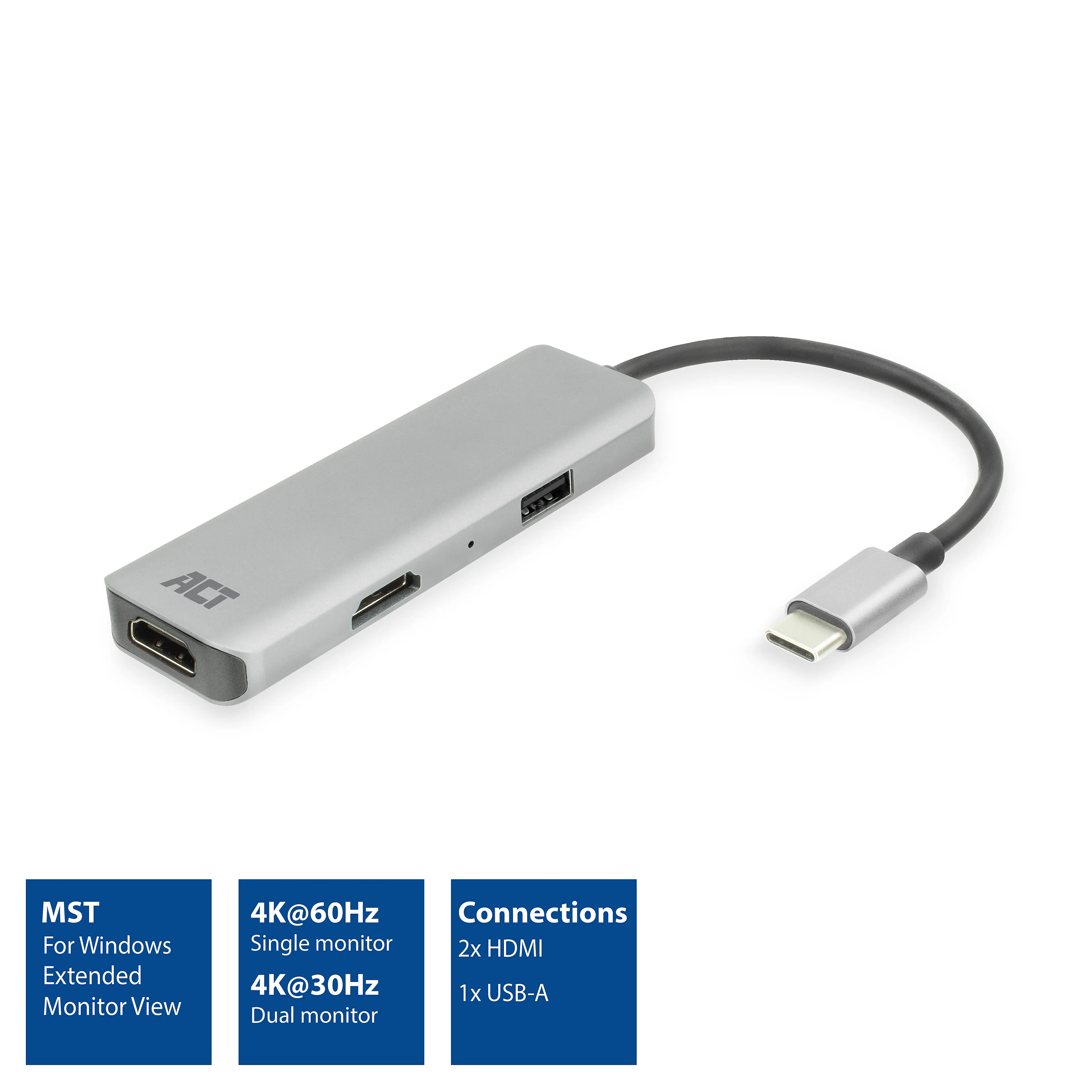 ACT USB-C 4K multiport adapter - 2 hdmi monitoren - usb-a datapoort