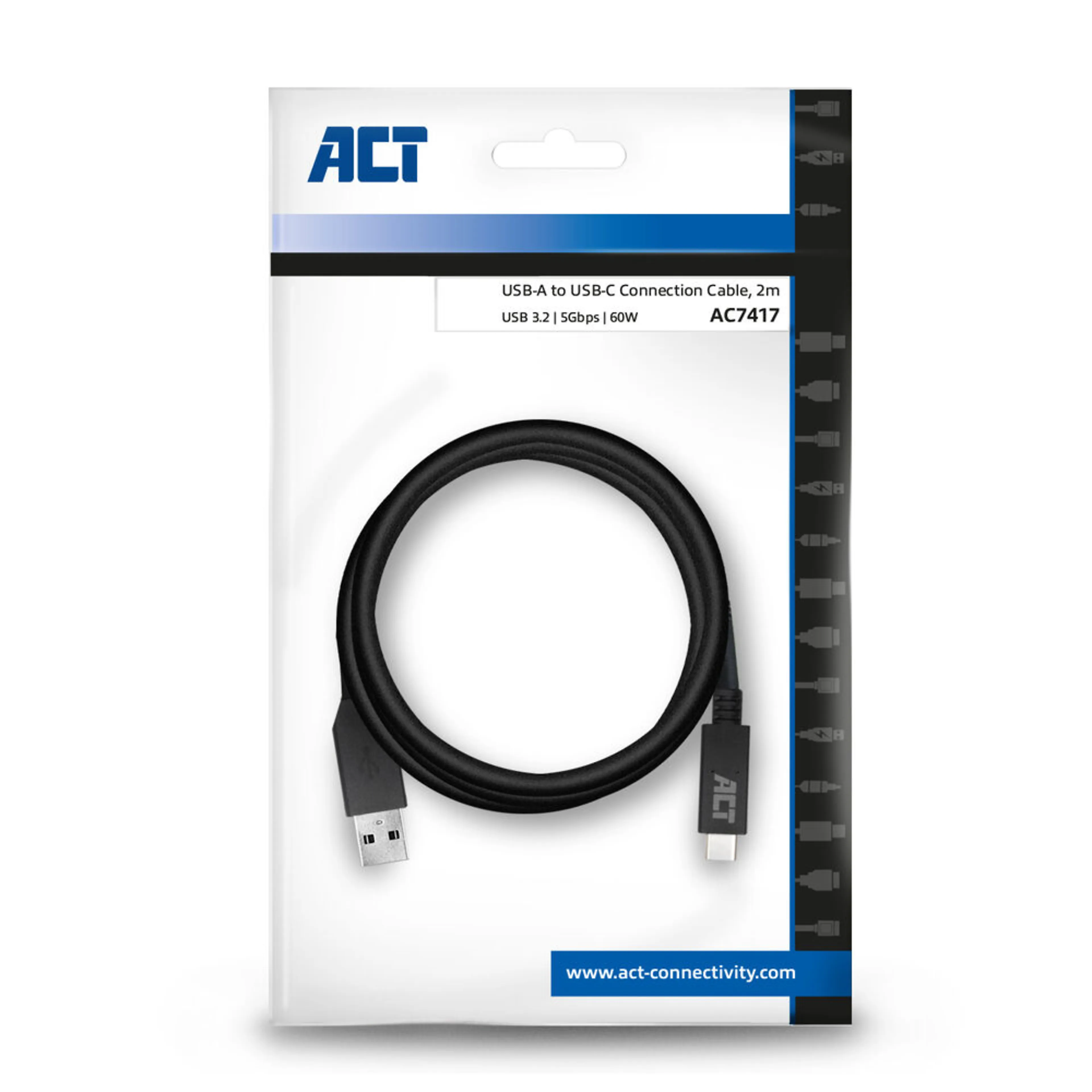 ACT Câble USB-A vers USB-C AC7417 - USB 3.2 Gen1 - 5Gbps - 60W - 2 mètres