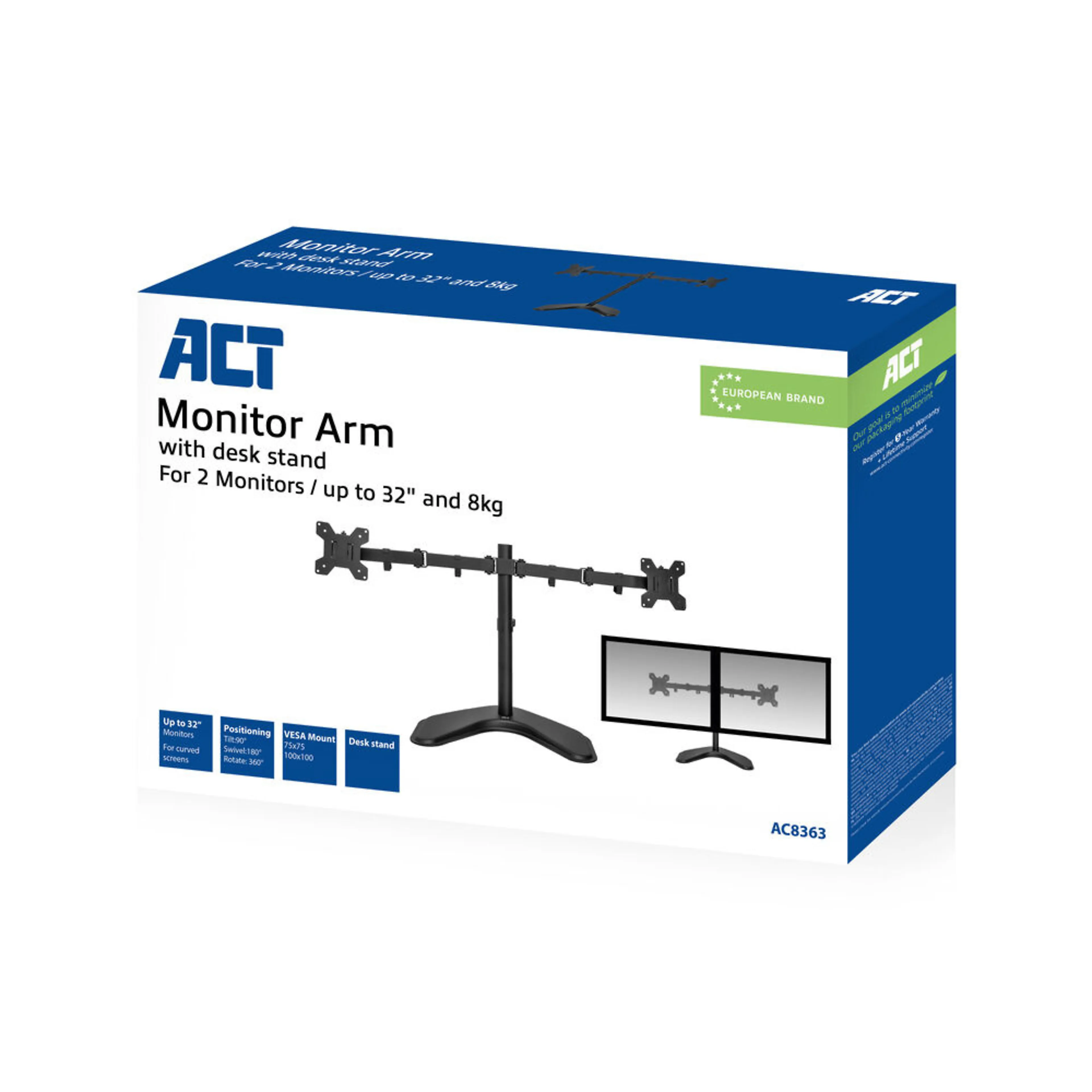 ACT essentials monitorarm AC8361 - 1 scherm - tot 34 inch - 8 kg - VESA 75x75/100x100