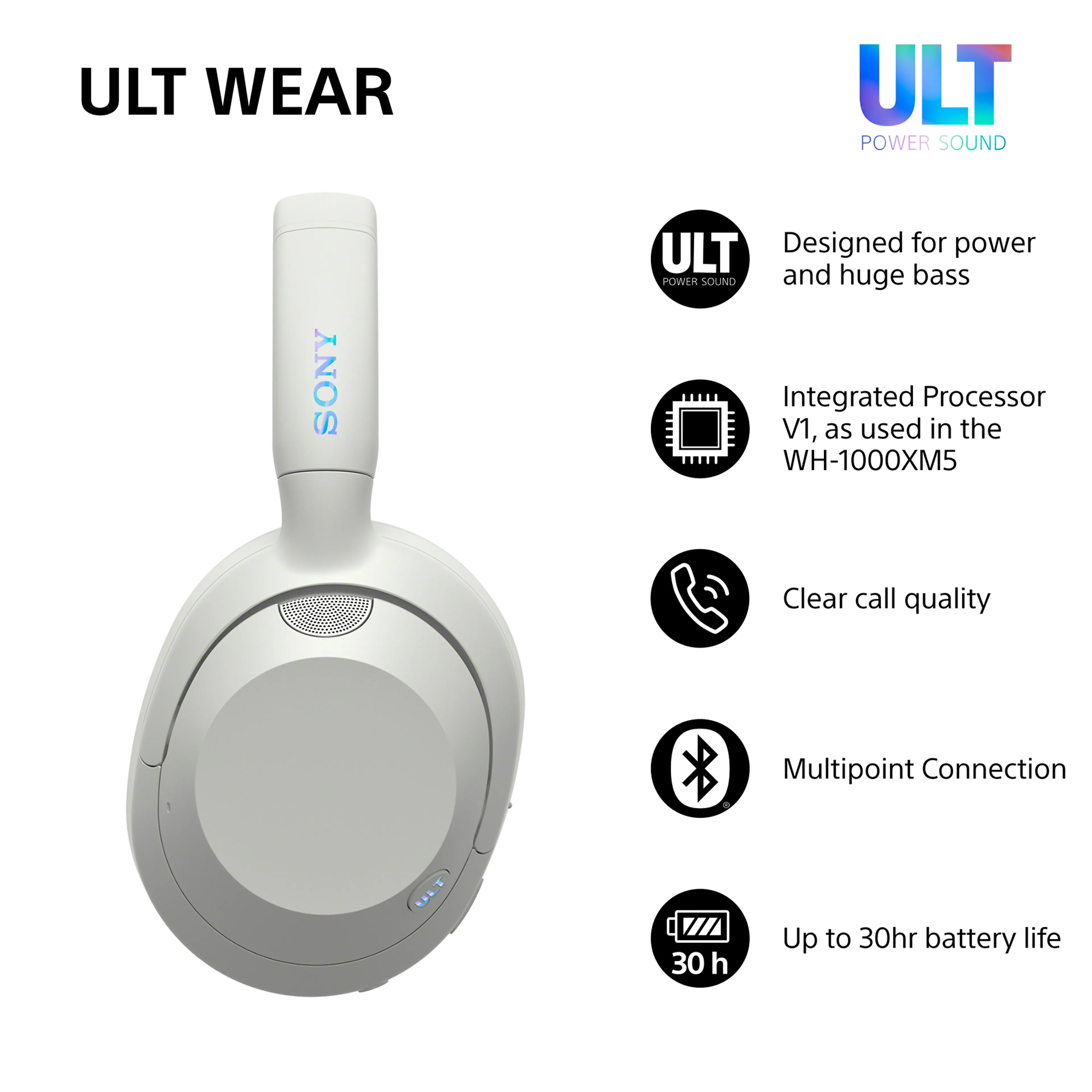 Sony casque Bluetooth ULT WEAR WHULT900NW - connectivité sans fil - réduction de bruit - blanc