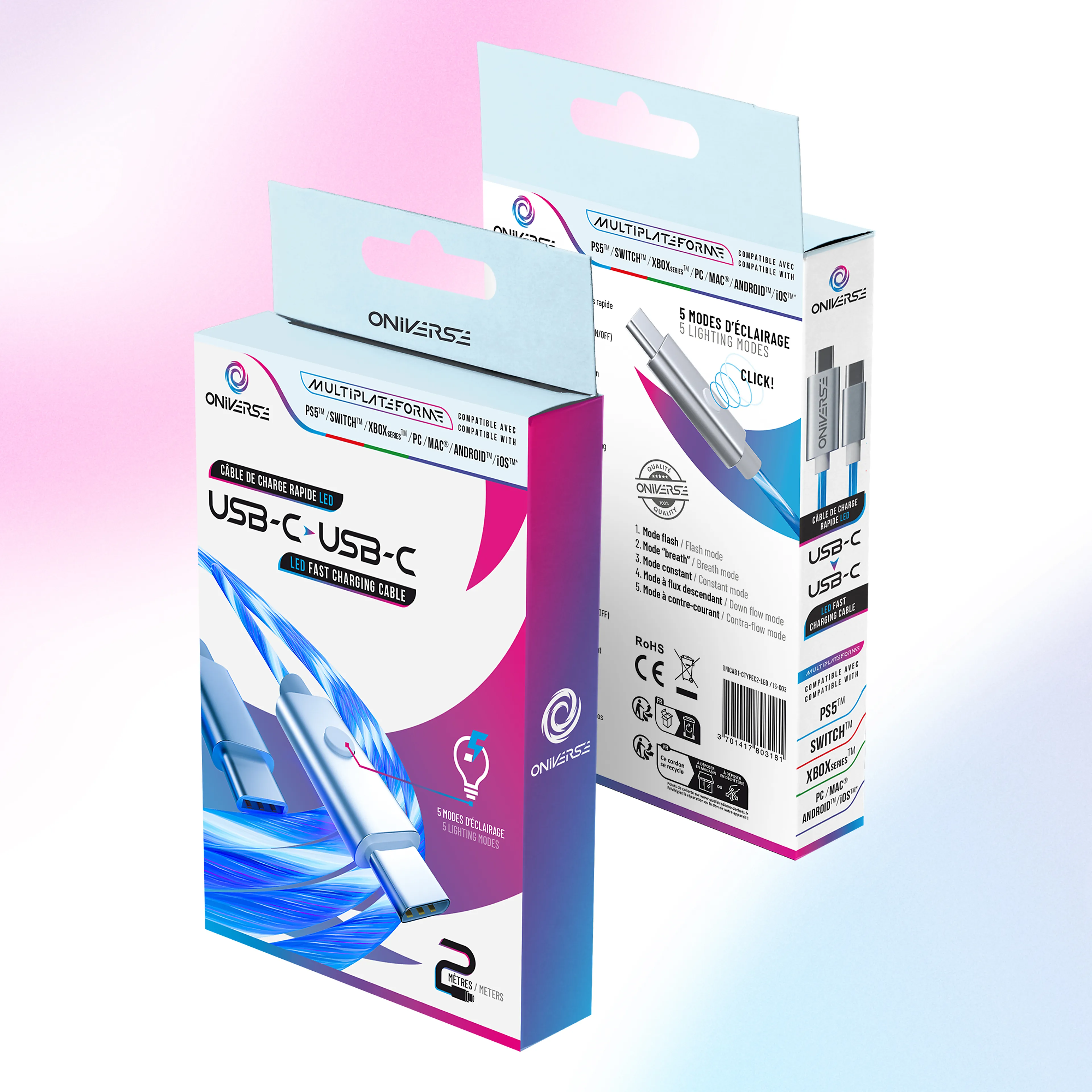 Oniverse usb-c kabel ONI-CAB1-CTYPEC2 - snel opladen - 2 meter - led-indicator