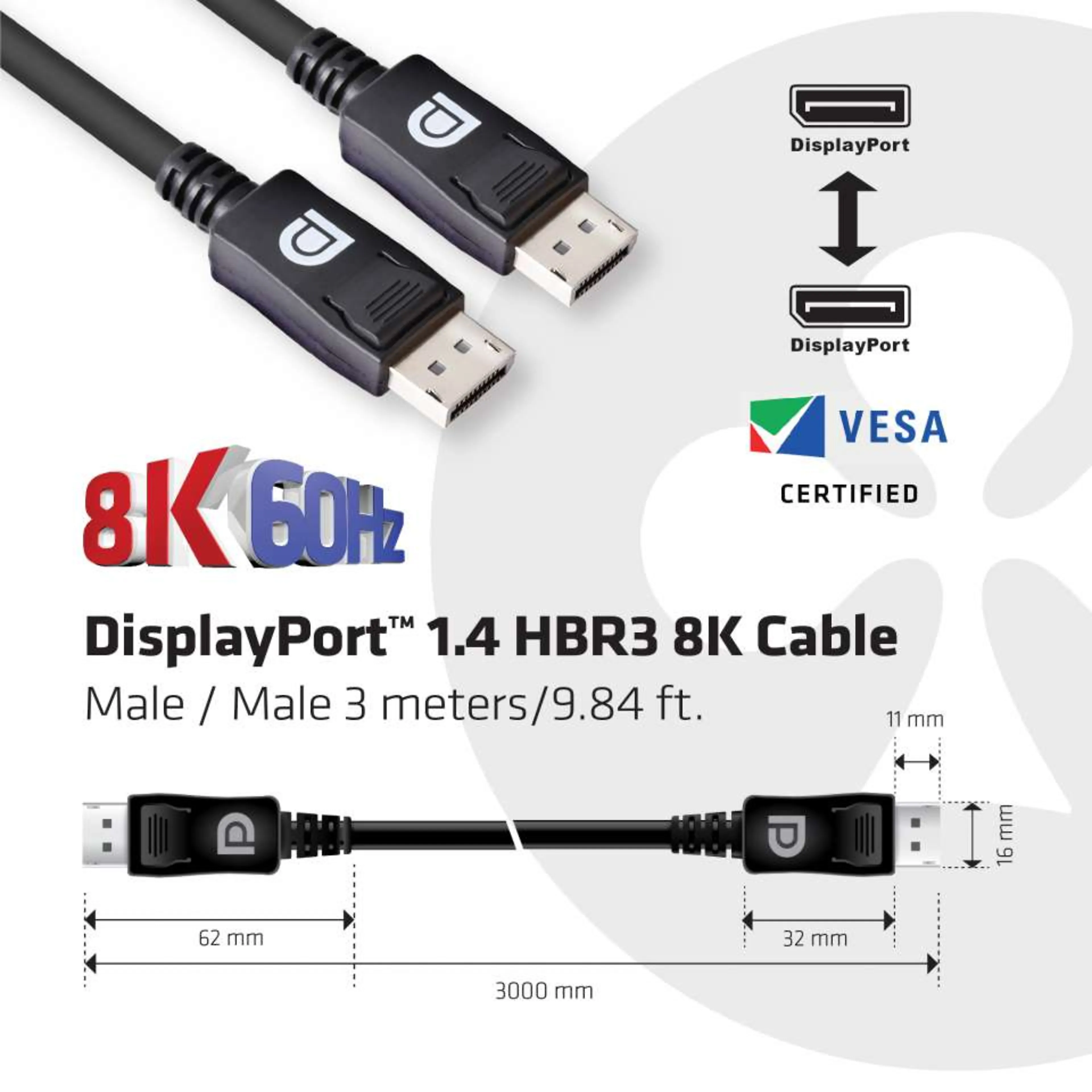 Club 3D Câble DisplayPort 1.4 HBR3 8K 28AWG 3m