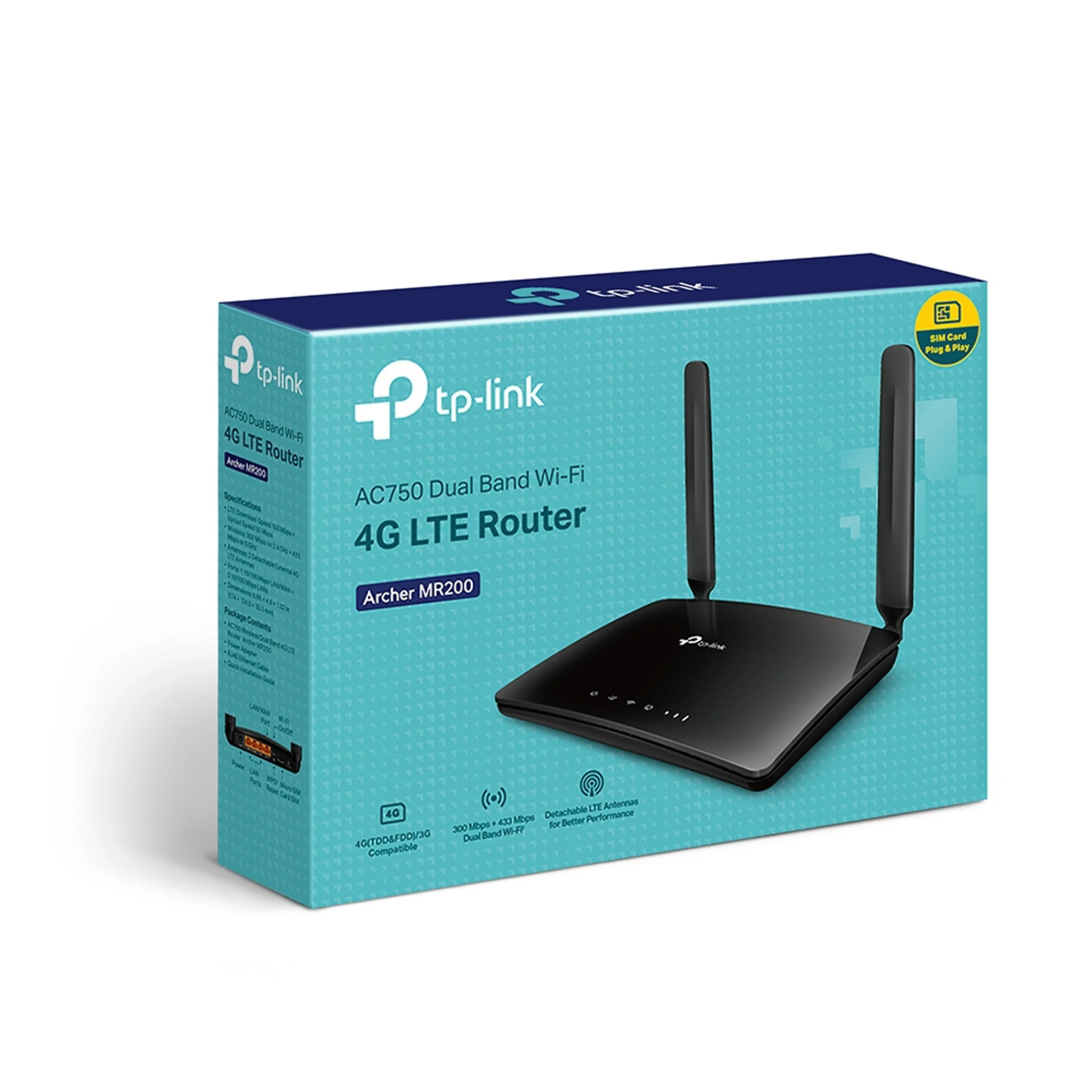 TP-Link Archer AC750 MR200 4G LTE dual band router 3x LAN 10/100Mbps 433Mbps 5GHz 300Mbps 2.4GHz