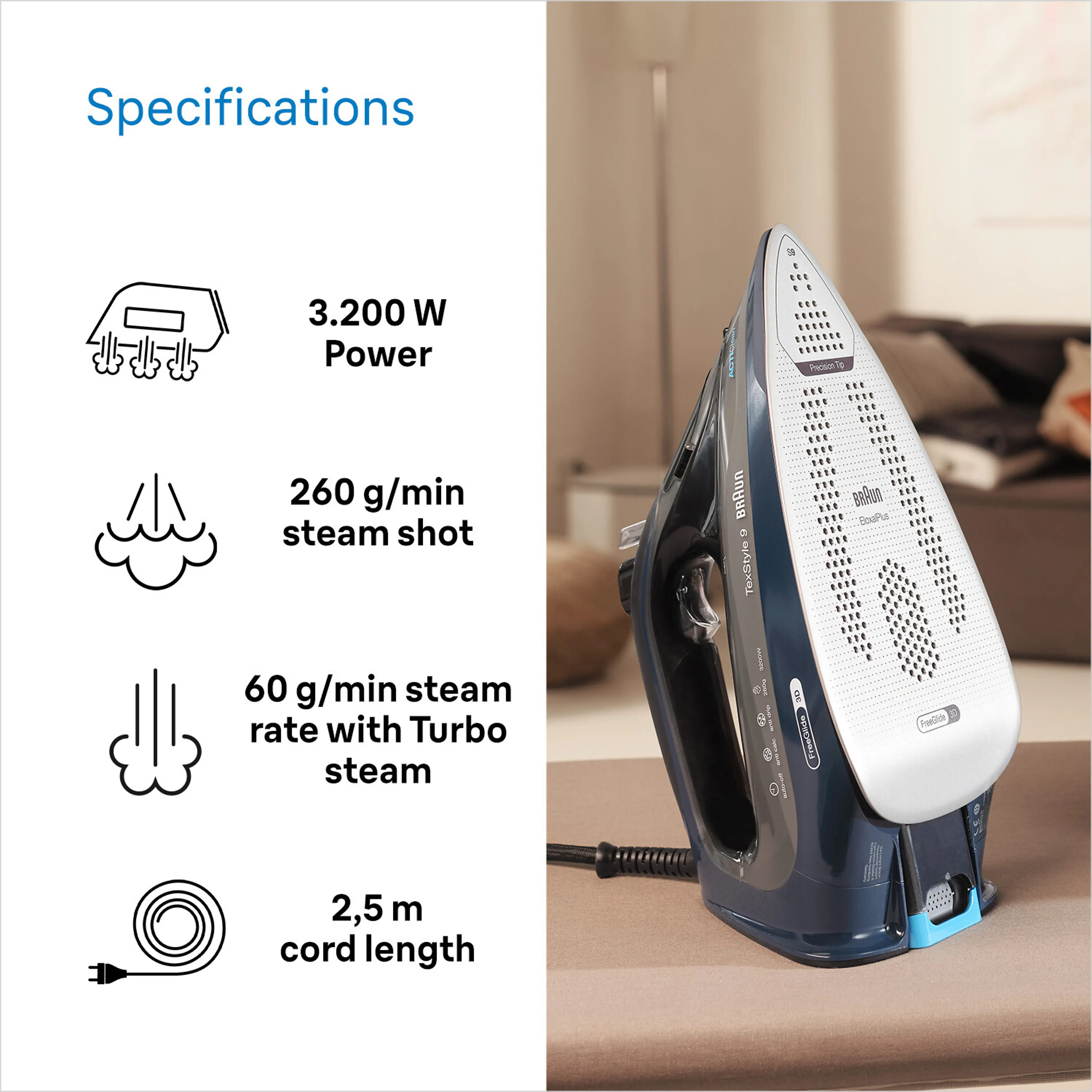 Braun TexStyle 9 SI 9682DB - 3200W - 330 ml réservoir - bleu/ noir