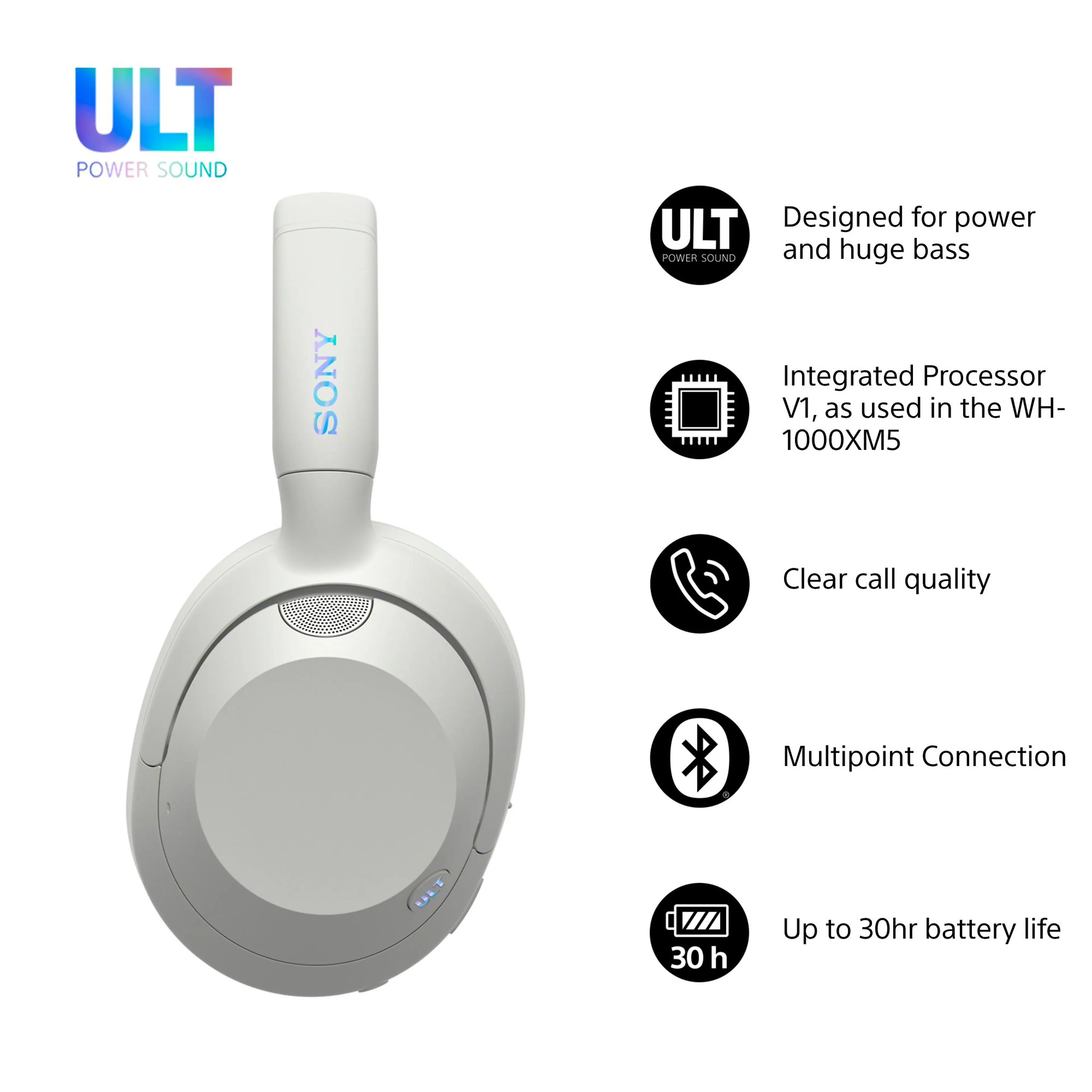 Sony casque Bluetooth ULT WEAR WHULT900NW - connectivité sans fil - réduction de bruit - blanc