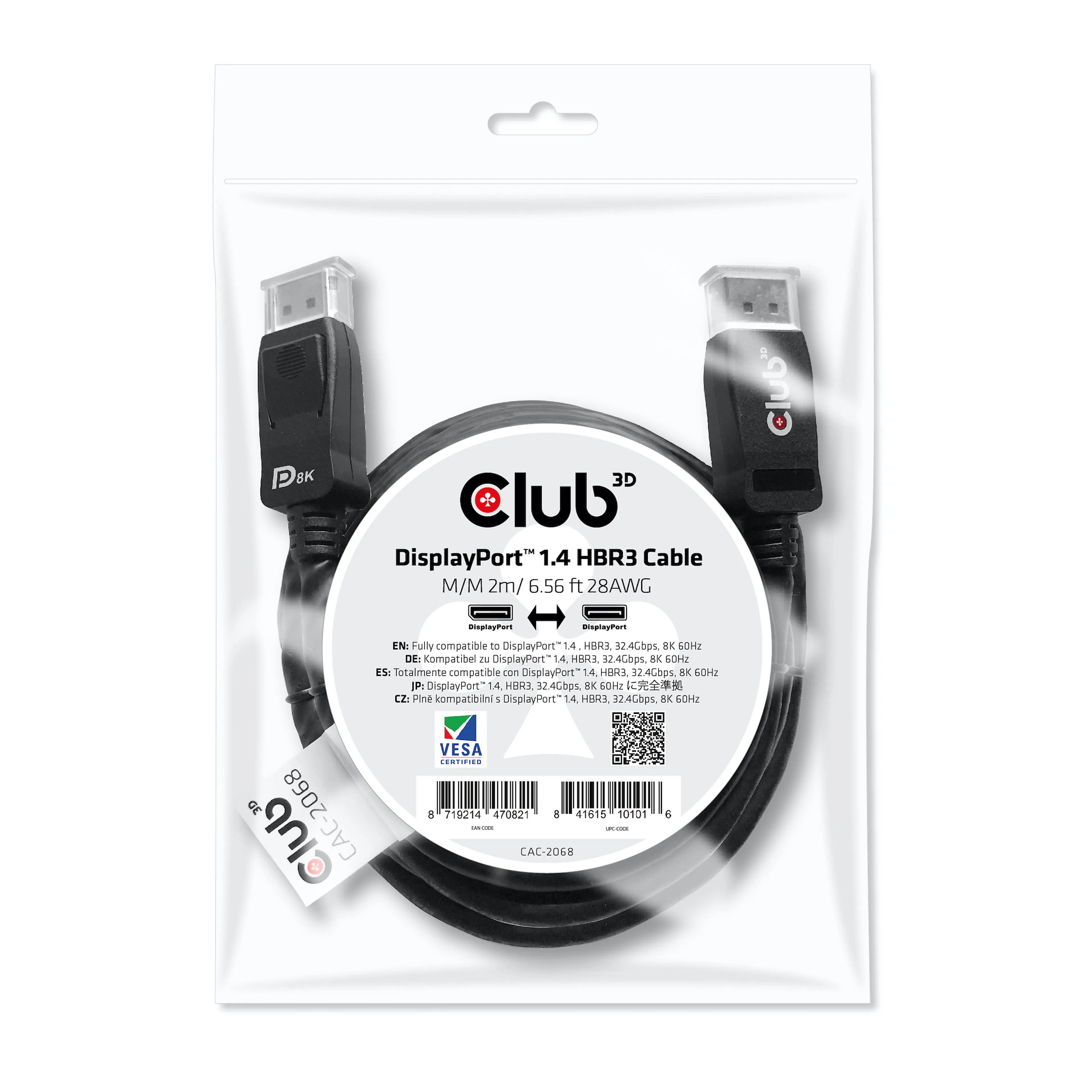 Club 3D DisplayPort 1.4 HBR3 Cable 2m - Mâle/Mâle - 8K60Hz