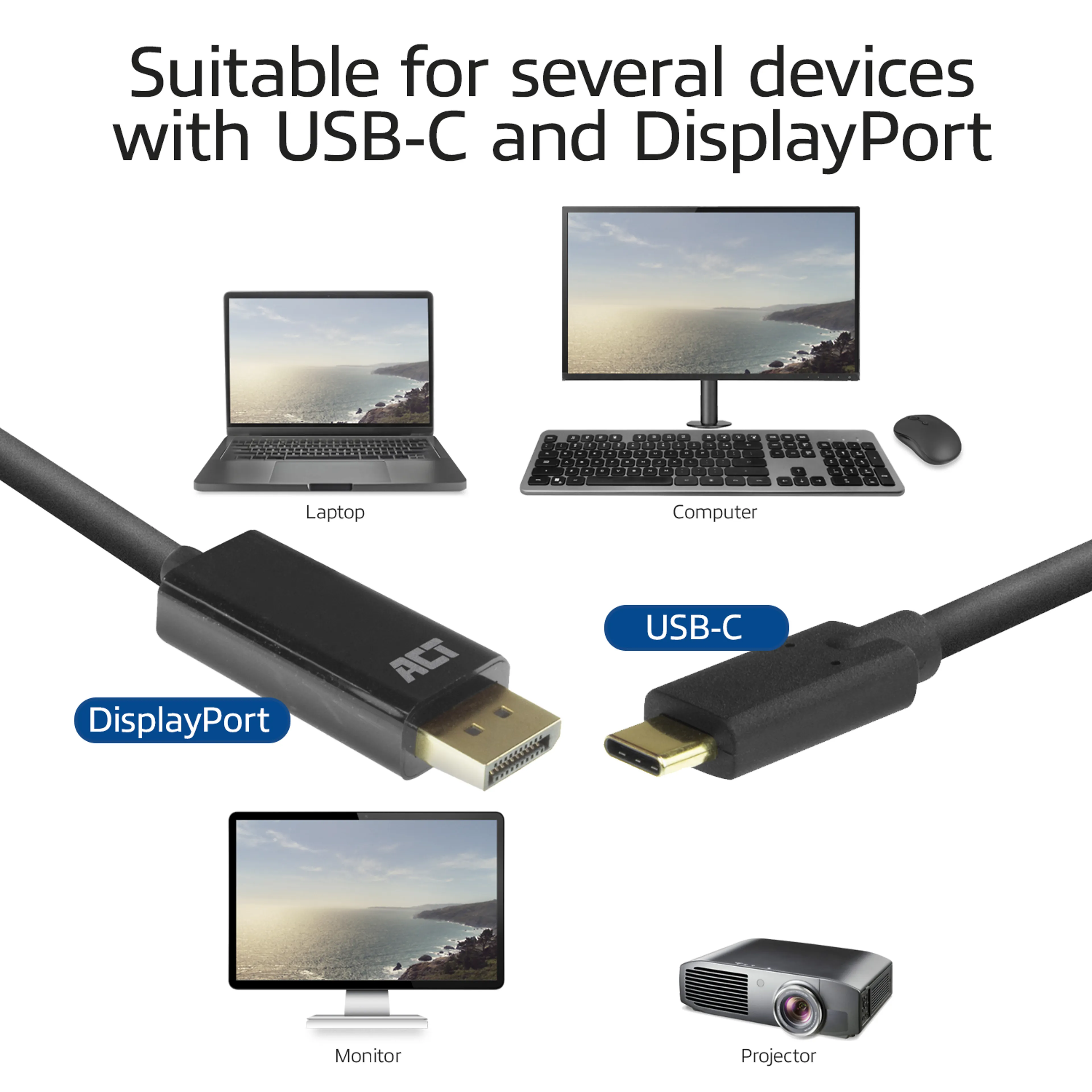ACT USB-C naar DisplayPort kabel AC7325 - 2 meter - 4K @ 60Hz