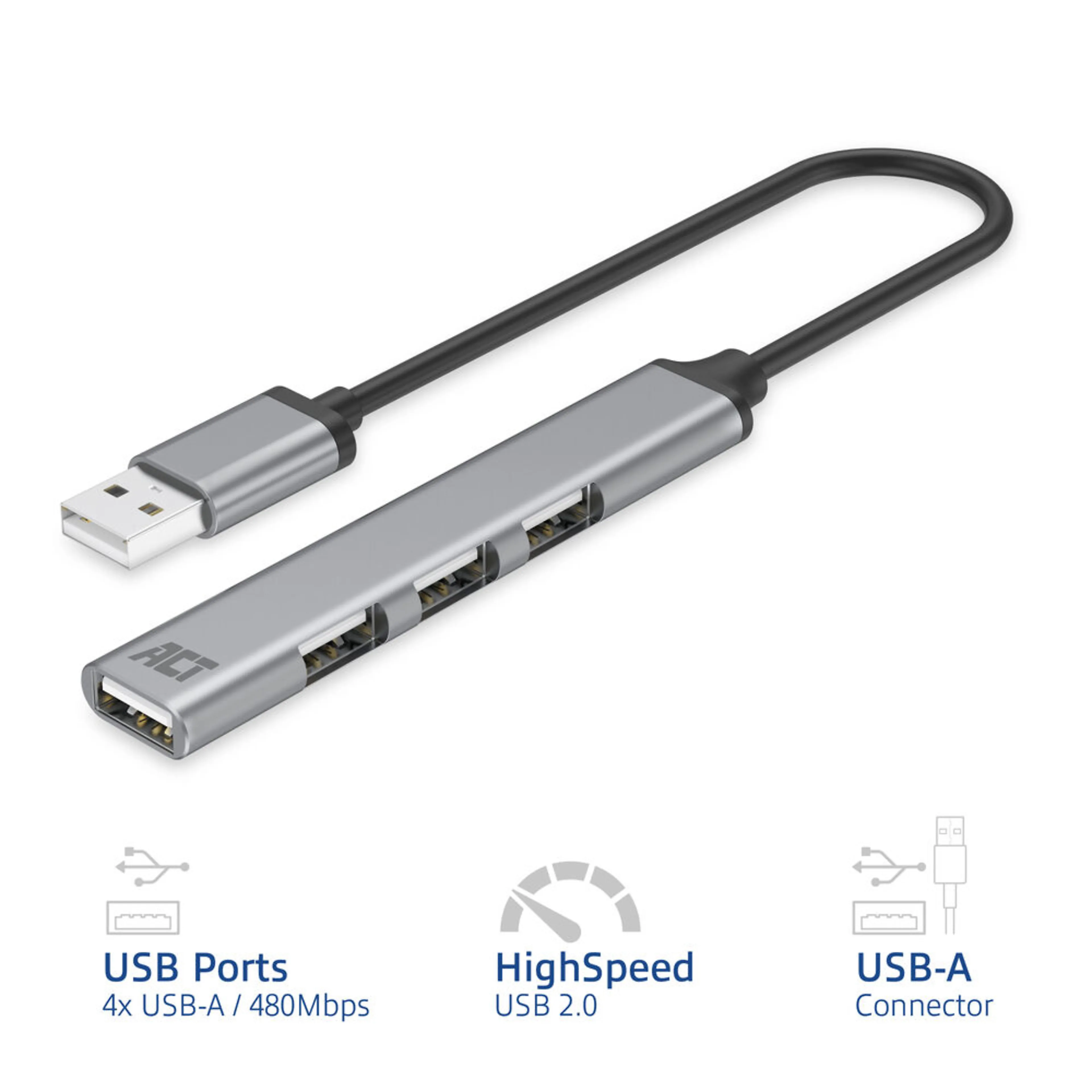 ACT hub USB-A AC6225 - 4 ports USB 2.0 - aluminium léger