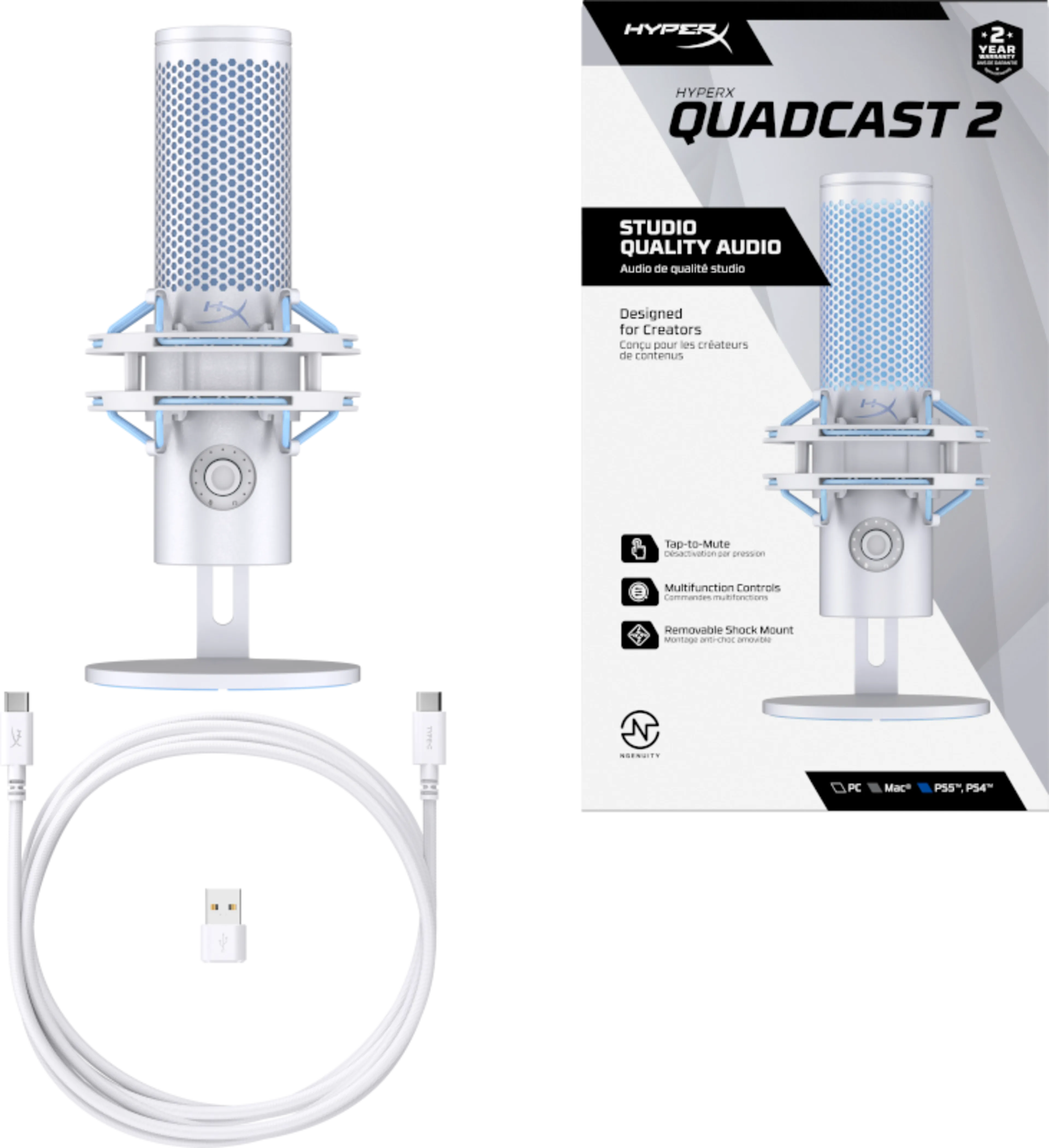 HP HyperX QuadCast 2 - microphone USB - aluminium - 24 bits 96 kHz - support antichoc