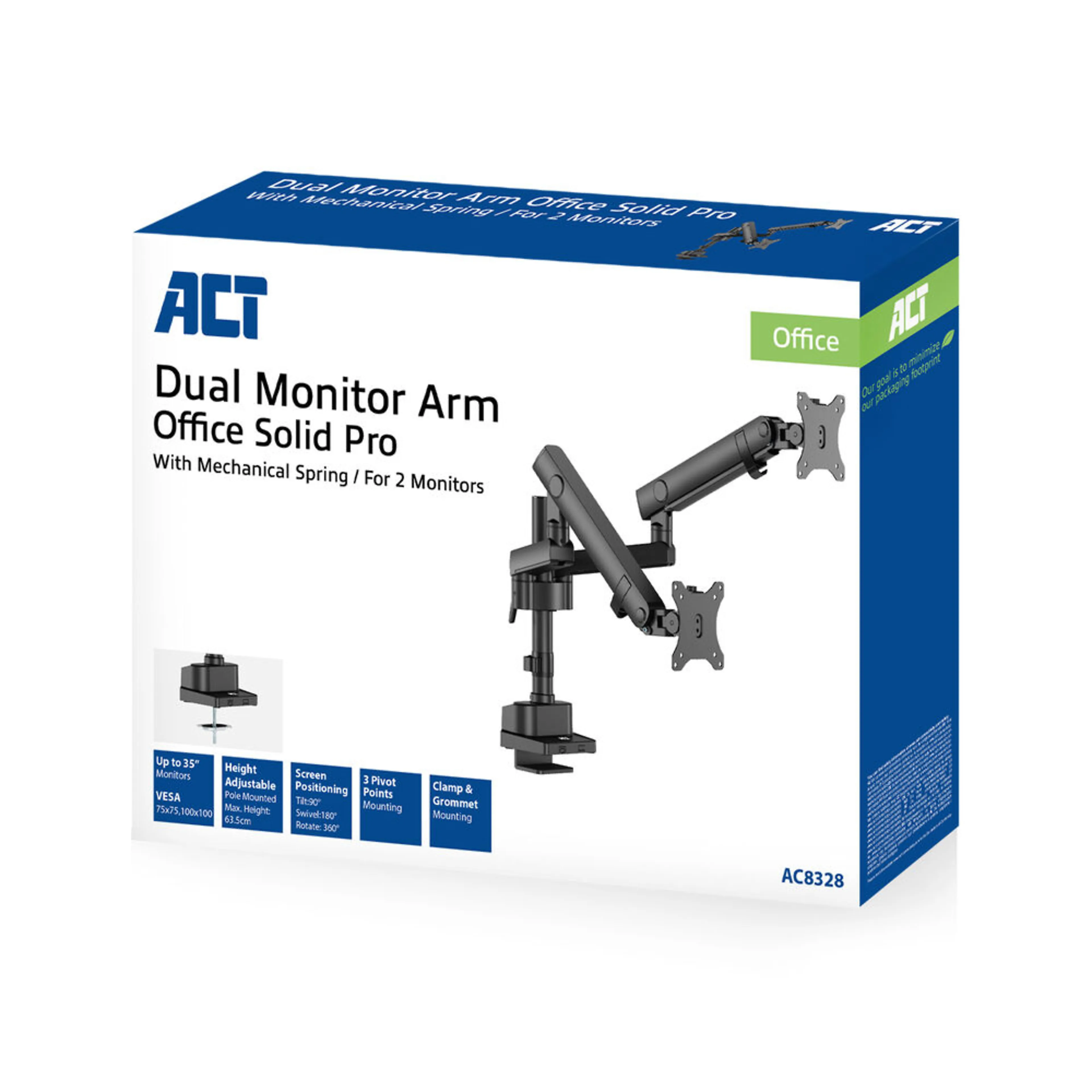 ACT monitorarm office solid pro AC8328 - mechanische veer - 2 schermen - 35" - tot 12kg