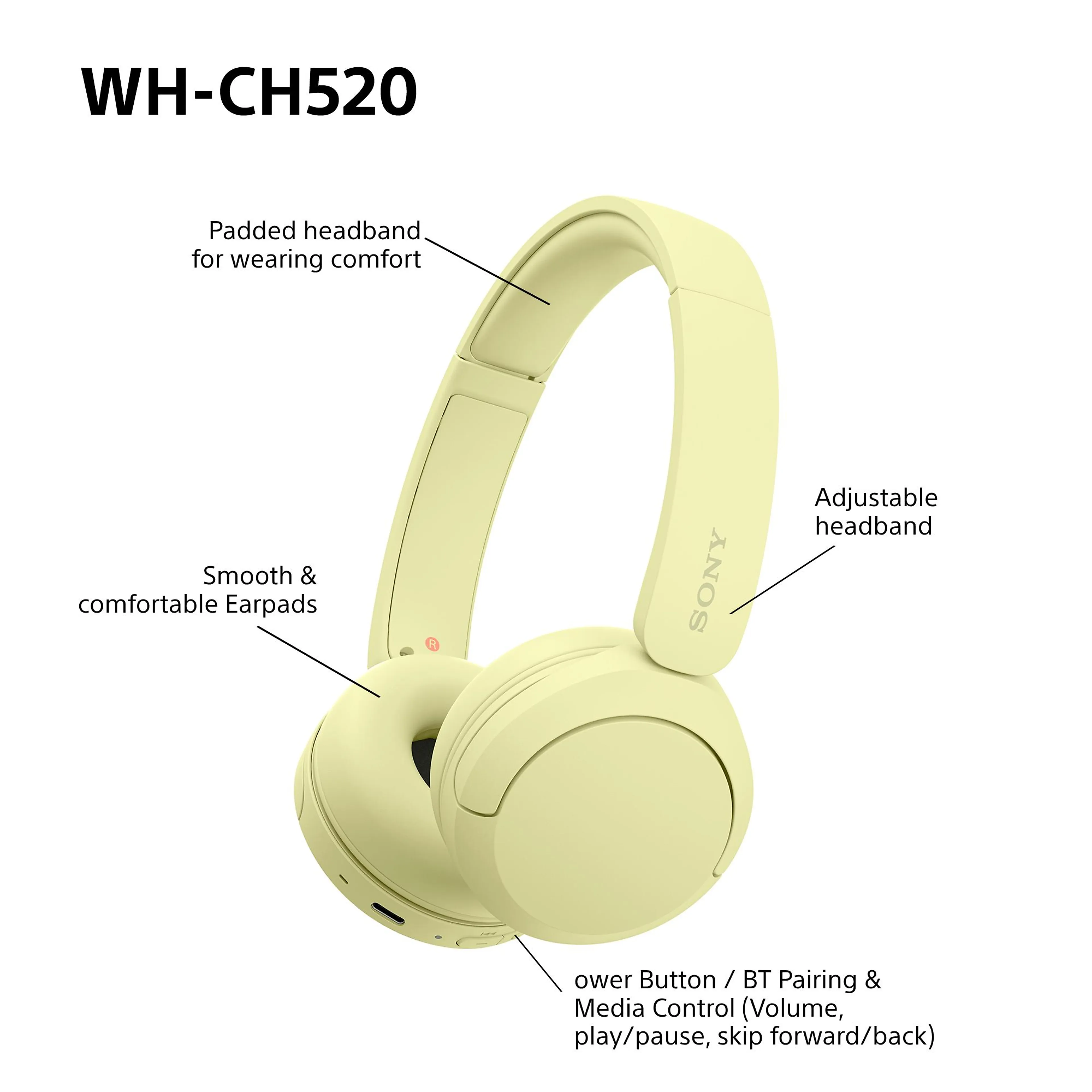 Sony wireless headphones WH-CH520 - bluetooth - microphone - yellow