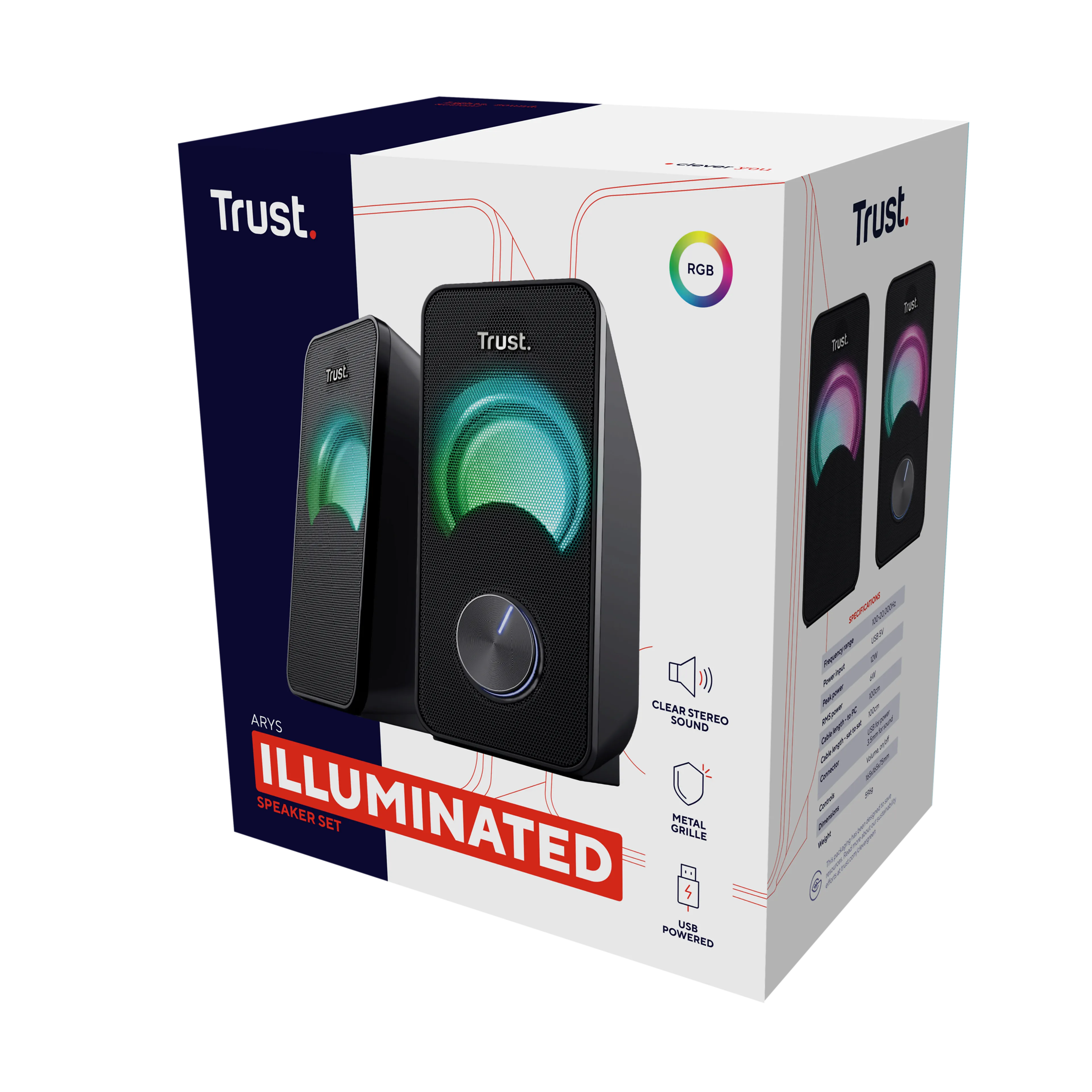 Trust enceintes Arys compact 2.0 speaker RGB - puissance 12 W - éclairage LED RVB - connectivité USB et jack 3,5 mm
